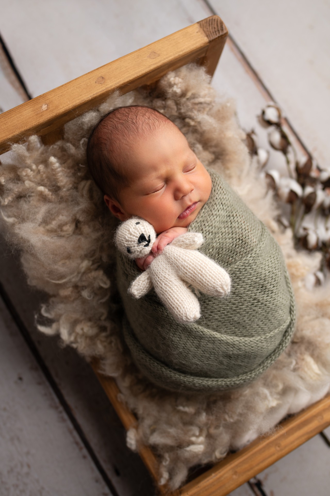 newborn cuddling a teddy