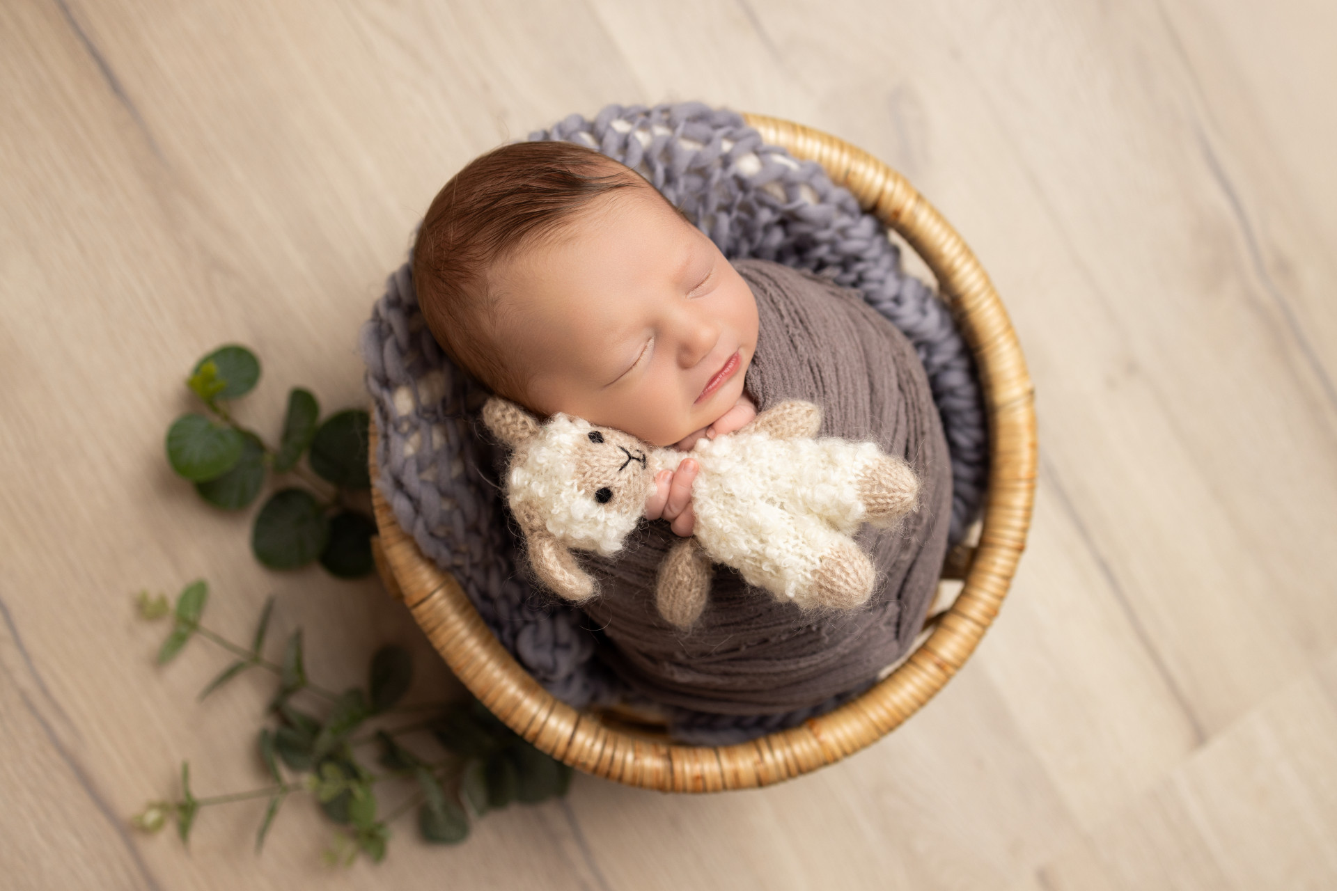 newborn holding sheep toy