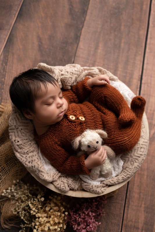 newborn girl in the rust knitted outfit cuddling the sheep toy