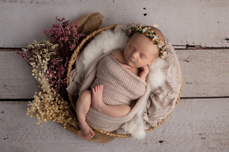 baby in the circle basket is sleeping surrounded by pink and white flowers