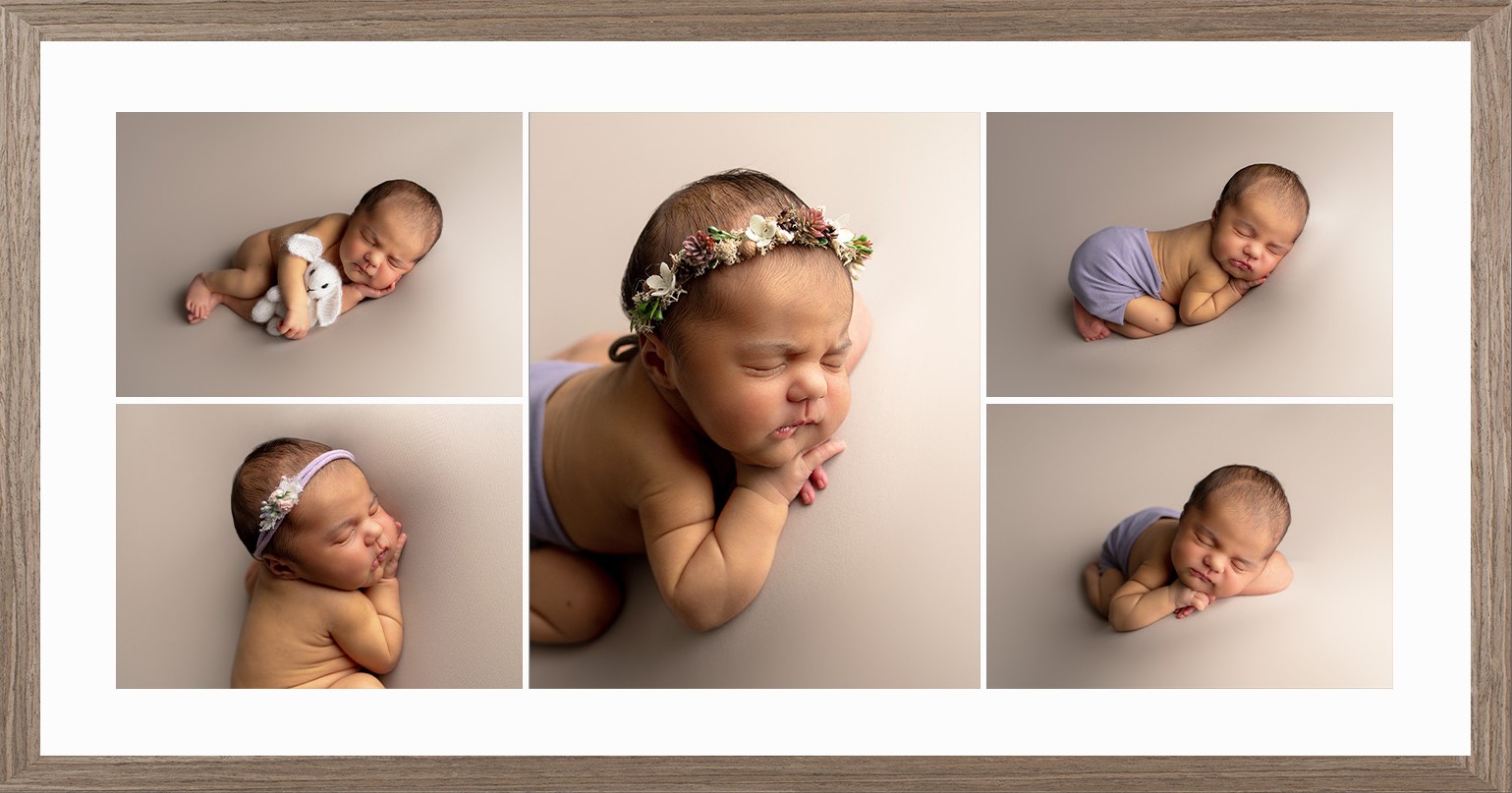 panorama montage frame in walnut color with newborn photos made by elia making memories