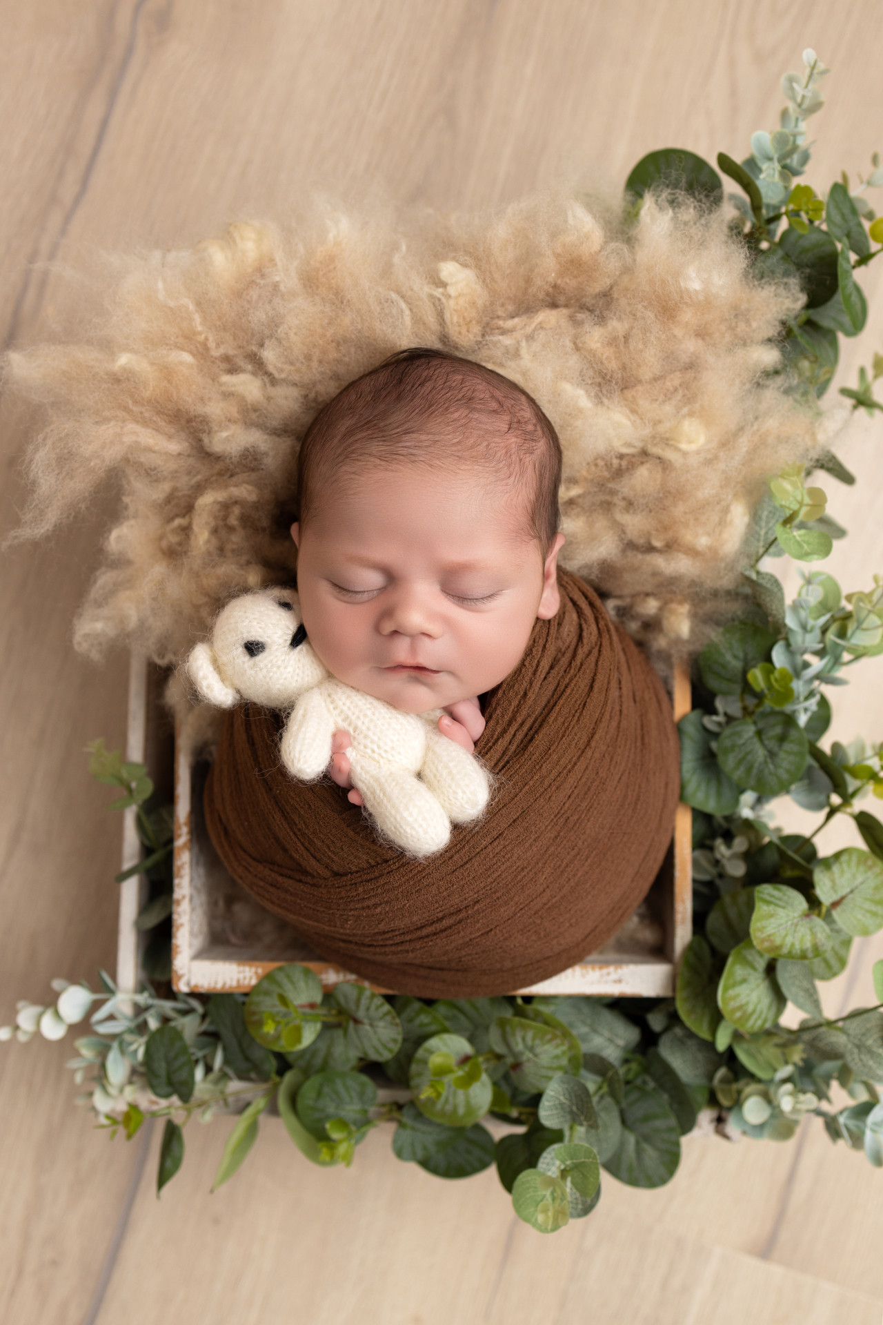 newborn holding a teddy